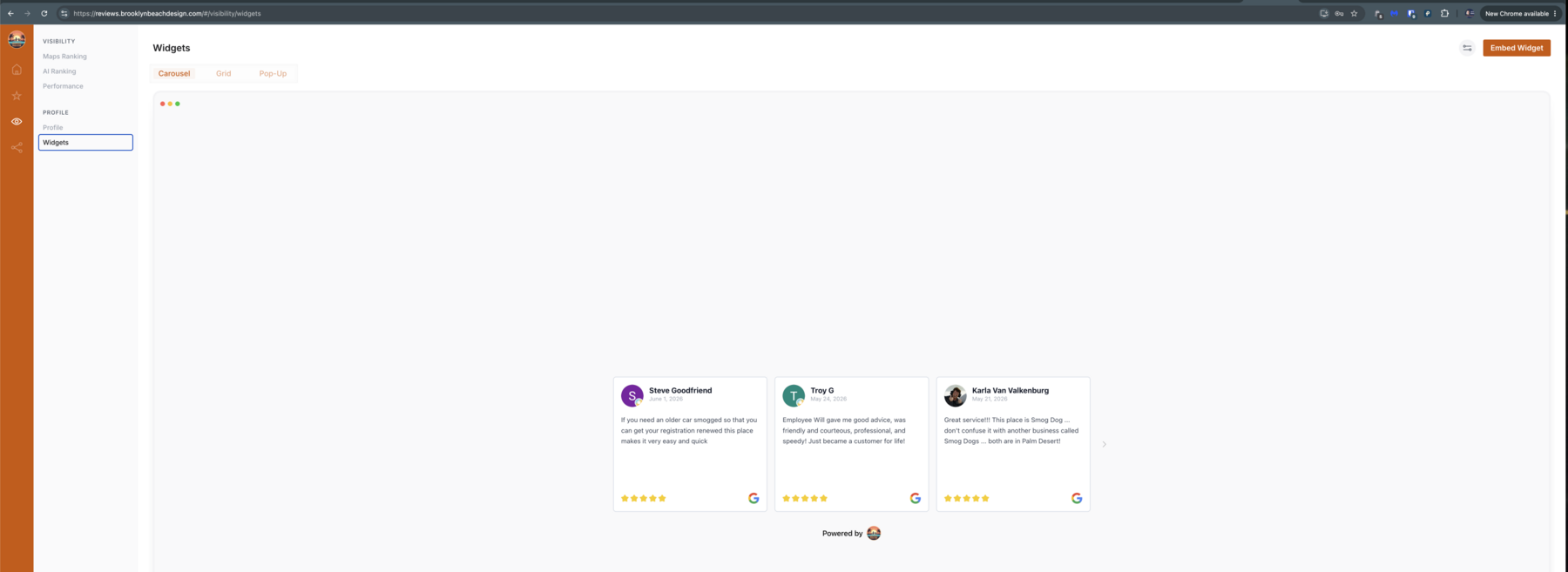 Embeddable review widget carousel showing strong real customer reviews from Google
