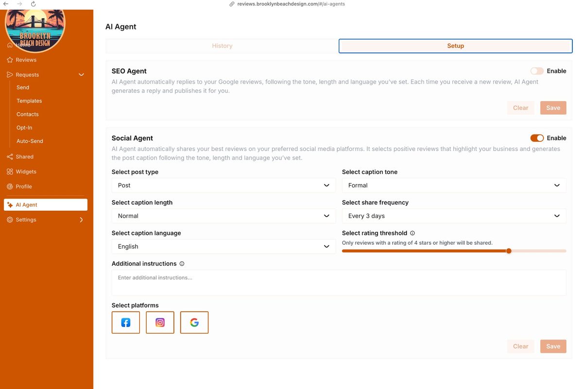 AI response setup showing brand voice and review reply settings