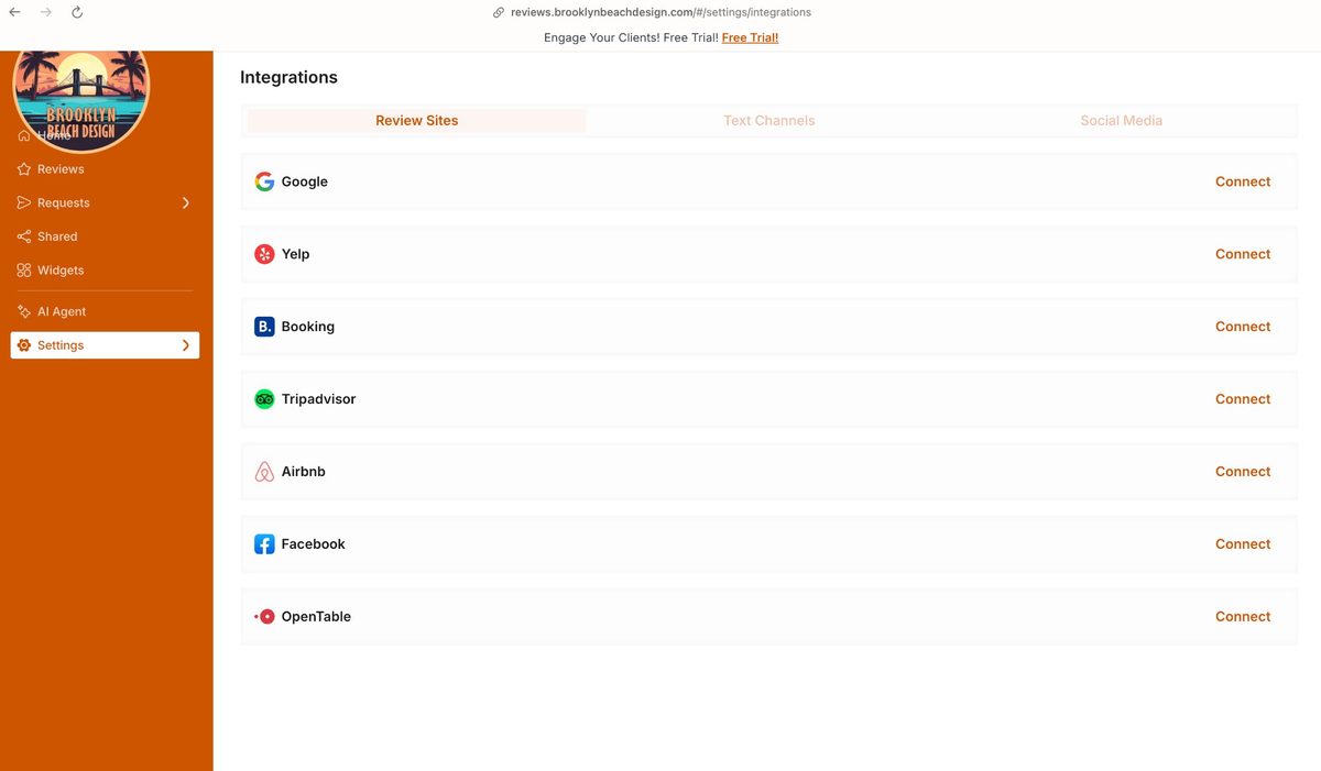 Integrations — Review Sites showing Google connected