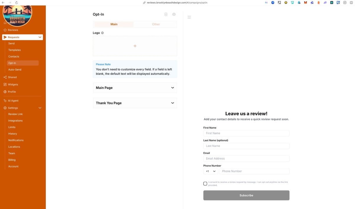 Opt-In form where customers subscribe to receive review requests
