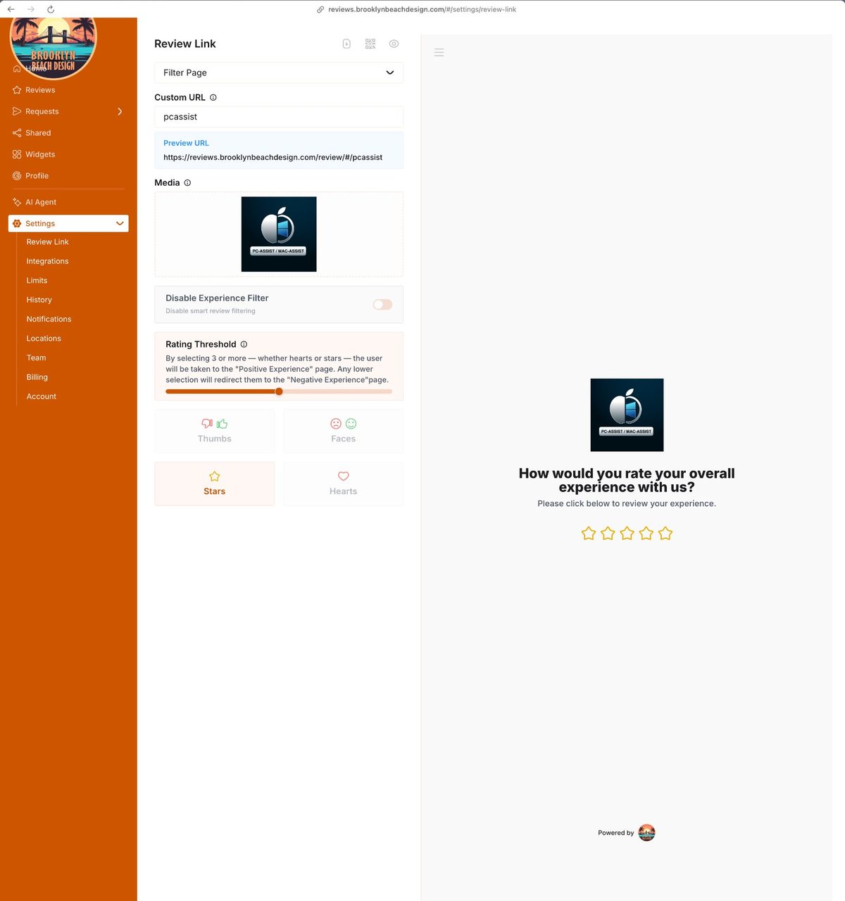 Review Link settings — custom URL, customer contact options, and live preview