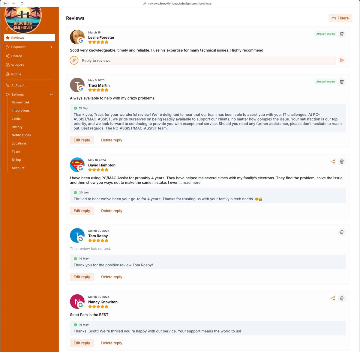 Reviews dashboard showing real reviews with AI-generated replies from PC-ASSIST/MAC-ASSIST