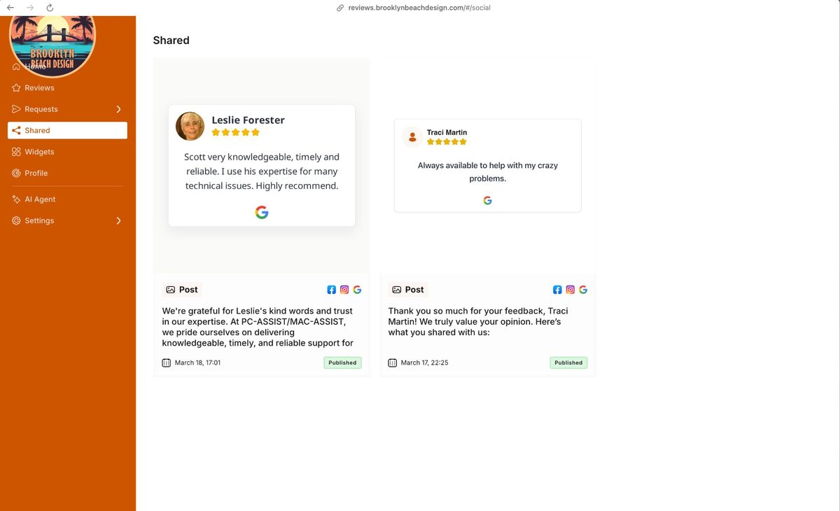 Social sharing screen showing review being formatted as a Facebook post